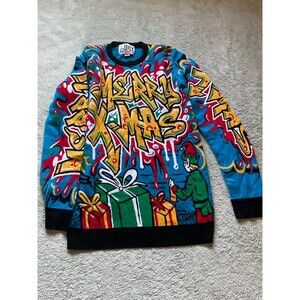 Ugly Christmas Sweater Unisex Graffiti Street Art Merry Xmas Jumper Blue Neon M